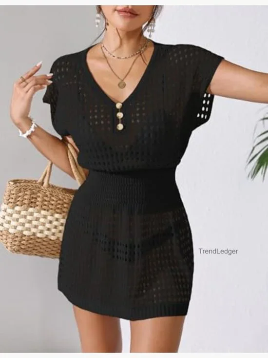 Crochet Mesh Cover Up Mini Dress V Neck Beach Vacation Swimsuit - Picture 5 of 7